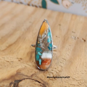 Bague Turquoise Oyster En Argent 925 Plaqué - Pierre Ovale Bleue, Fabrication Artisanale - Taille Unique BM-792