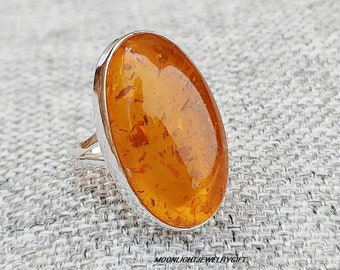 Handmade Sterling Silver Amber Ring, Boho Gemstone Band