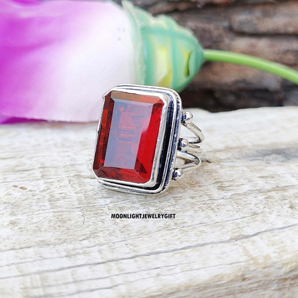 Garnet Ring, 925 Silver Ring, Square Shape Garnet Ring, Handmade Ring, Silver Band Ring, Red Garnet, Promise Ring, Women Ring, Gift For Her.