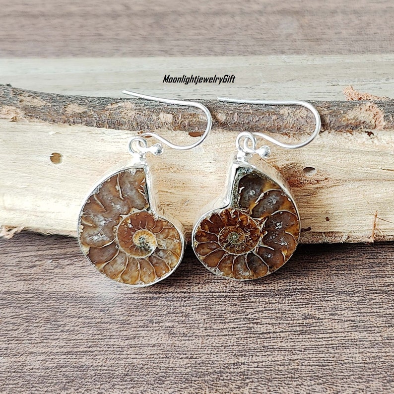 May include: A pair of silver earrings featuring fossilized ammonite shells. The earrings have a brown and white swirl pattern.