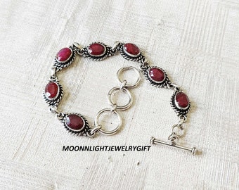 Oval Rubin Sterlingsilber Armband, verstellbar Boho Schmuck