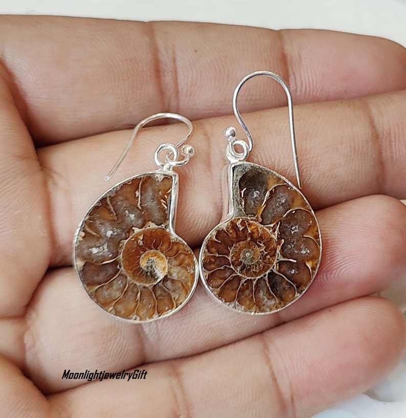May include: A pair of silver earrings featuring fossilized ammonite shells. The earrings are a light brown color with a spiral pattern.