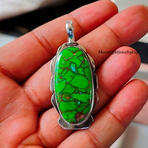 Green Copper Turquoise Pendant, 925 Sterling Silver Pendant, Handmade Pendant, Gemstone Pendant,Turquoise Gemstone Pendant,Statement Pendant