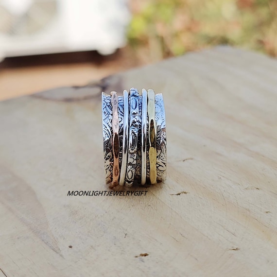 Spinner Ring Worry Ring Sterling Silver Ring for Women Boho Chunky Ring Wide Band Fidget Ring Ethnic Ring handmade Ring meditation Ring Etsy