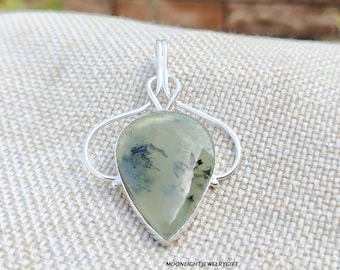 Handmade Prehnite Pendant, 925 Sterling Silver, Boho Jewelry