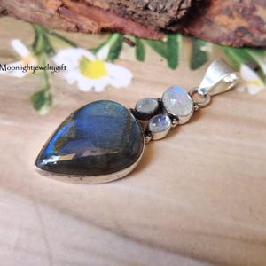 Labradorite & Moonstone Pendant, Solid 925 Sterling Silver Pendant, Handmade Pendant, Gemstone Necklace, Promise Pendant, Gift For Her, ///