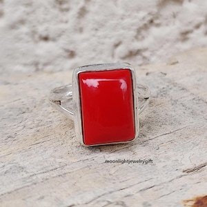 Red Coral Ring, Statement Jewelry, 925 Silver Ring, Handmade Ring, Wedding Ring, Coral Gemstone Ring, Silver Band Ring, Gift For Her, ///