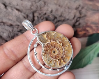 Ammonite Fossil Pendant, 925 Sterling Silver, Handmade Necklace