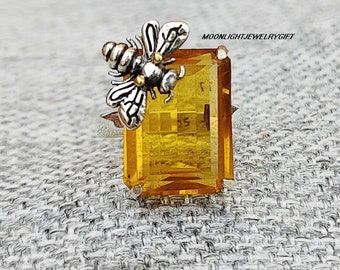 Citrine Sterling Silver Ring, Handmade Bee Gemstone Ring