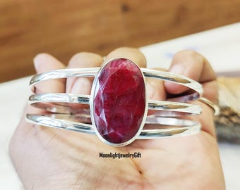 Handmade Ruby Gemstone Sterling Silver Bangle, Adjustable