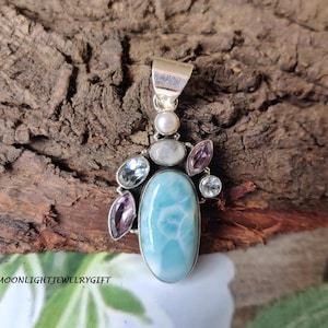 Natural Larimar & Moonstone Necklace, Solid 925 Sterling Silver Pendant, Handmade Pendant, Gemstone Pendant, Beautiful Gift, Gift For Her///