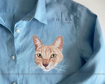 Camicia in lino ricamata con maniche lunghe, camicia personalizzata con ricamo del ritratto dell'animale domestico