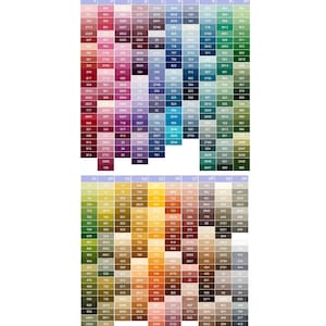 K&ouml;nnte beinhalten: Eine Stickgarn-Farbkarte mit einem Raster aus zahlreichen kleinen farbigen Quadraten, die in zwanzig nummerierten Spalten angeordnet sind. Jedes Quadrat enth&auml;lt einen Zahlencode f&uuml;r eine bestimmte Garnfarbe, von Rosa und Blau bis hin zu Gr&uuml;n, Gelb und Braun.