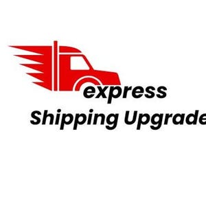Könnte beinhalten: Eine rote Sattelzug-Grafik mit Geschwindigkeitslinien, begleitet von den Worten "express Shipping Upgrade" in schwarzem Text auf weißem Hintergrund. Das Bild ist ein einfaches, kühnes Design.