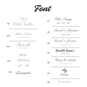 May include: A black and white image showcasing various font styles for wedding invitations and announcements. The word "Font" is at the top. Several examples include names, dates, and phrases like "Better Together" and "love you forever".