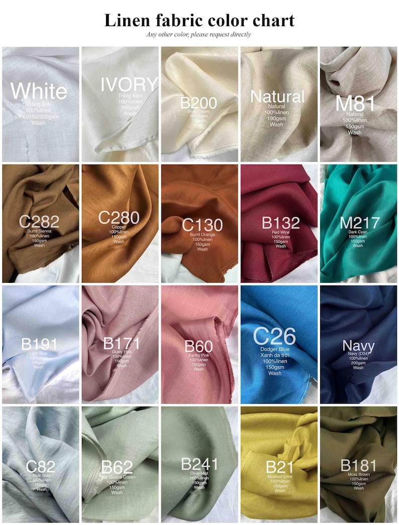 K&ouml;nnte beinhalten: Eine Leinenstoff-Farbkarte mit zwanzig Stoffmustern in verschiedenen Farbt&ouml;nen wie Wei&szlig;, Elfenbein, Natur, Braun, Rot, Blaugr&uuml;n, Blau, Rosa, Gr&uuml;n, Gelb und Oliv. Jedes Muster ist mit einem Code, einem Farbnamen und dem Stoffgewicht versehen.