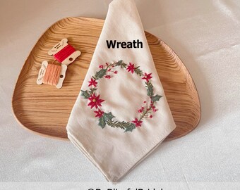 Beige Napkin With Pine, Holly And Yew, And Cedar Wreath Hand Embroidery, Custom Napkin For Christmas Holiday