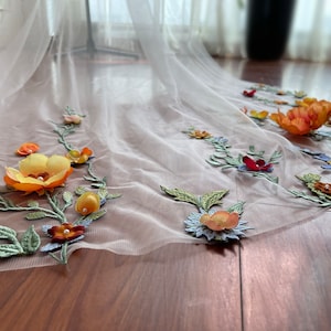 Boho Veil with Orange Green Floral Embroidered, Custom Wedding Veil