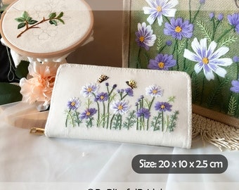 Frauen Lange Brieftasche Gänseblümchen Stickerei, Elegante gestickte Brieftasche mit Initialen, Blumen gestickte Brieftasche Reißverschluss