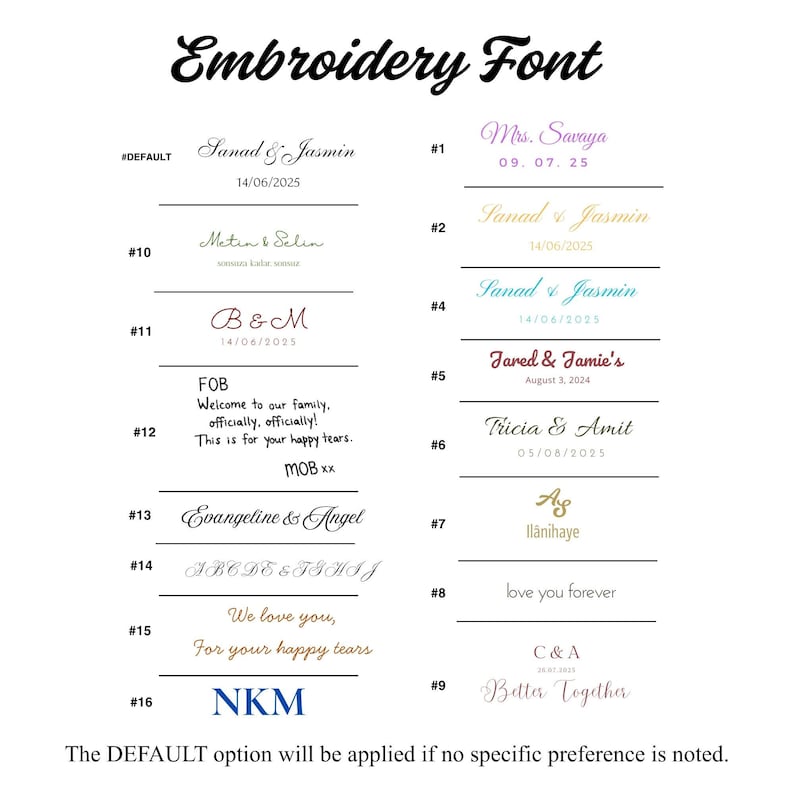 K&ouml;nnte beinhalten: Eine Tabelle mit dem Titel Embroidery Font zeigt sechzehn nummerierte Optionen f&uuml;r personalisierten Text. Jeder Eintrag bietet verschiedene Typografiestile, darunter Schreib- und Serifenschriften, mit Beispielnamen, Daten und Phrasen wie We love you.