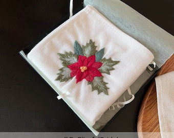 Poinsettia Hand Embroidered Christmas Napkin, Holiday Napkin Cloth, Custom Embroidered Napkin For Christmas, Christmas Table Gift Set