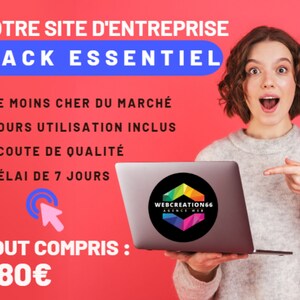 May include: A woman smiles and points to a laptop screen with a website design offer. The text on the screen reads "WEBCREATION66 AGENCE WEB". The text on the image reads "VOTRE SITE D'ENTREPRISE PACK ESSENTIEL • LE MOINS CHER DU MARCHÉ • COURS UTILISATION INCLUS • ECOUTE DE QUALITÉ • DÉLAI DE 7 JOURS TOUT COMPRIS: 680€".