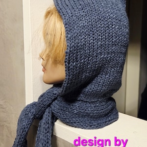 May include: A blue knit hood with attached scarf, displayed on a mannequin. The hood has a pointed top and the scarf hangs down. The text "design by sk.headbands" is visible in the image.