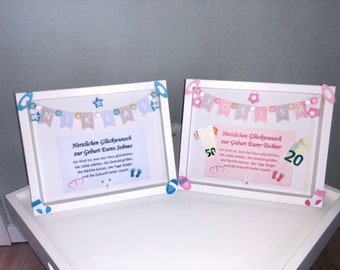 Geschenk zur Geburt, personalisierte Wimpelkette für Baby Mädchen Girl Junge Boy Taufgeschenk für Gutschein oder Geldgeschenk Babygeschenk