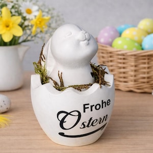 Süßer Osterhase mit Eierschale und Moos, mit Schriftzug Frohe Ostern  Mitbringsel, Dekoration, Tischdeko aus Raysin
