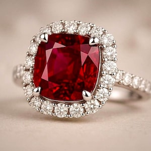 May include: A ring featuring a large, square-cut, deep red gemstone surrounded by a halo of small, round, white gemstones. The band is also set with small, round, white gemstones. The ring is set in a silver-coloured metal.
