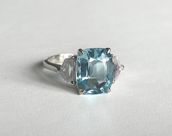 AAA+ Natural Cushion Cut  Aquamarine  5.50 Carat, 925 Sterling Silver ,Engagement  Handmade Ring For Men And Women