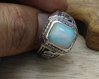 AAA+ Natural Certified Opal Sterling Silver Ring: 5.50 Carat Rainbow Fire Stone, Handmade Art Deco