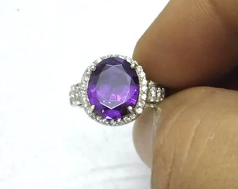 AAA+ Natural Certified Oval Blue Amethyst Ring: Sterling Silver Art Deco Handmade Jewelry
