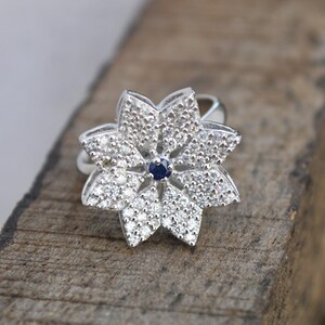 Moissanite & Blue Sapphire Sterling Silver Art Deco Ring