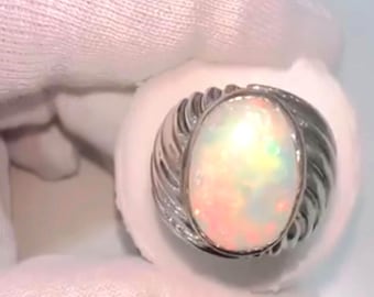 AAA+ Natural Certified 925 Sterling Silver Art Deco Opal Ring - Rainbow Fire Stone