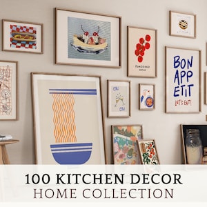 100 impresiones de arte de decoración de cocina, juego de pared de galería de arte de cocina fresca, impresiones de alimentos para arte de pared de comedor, impresiones de cocina lindas de moda