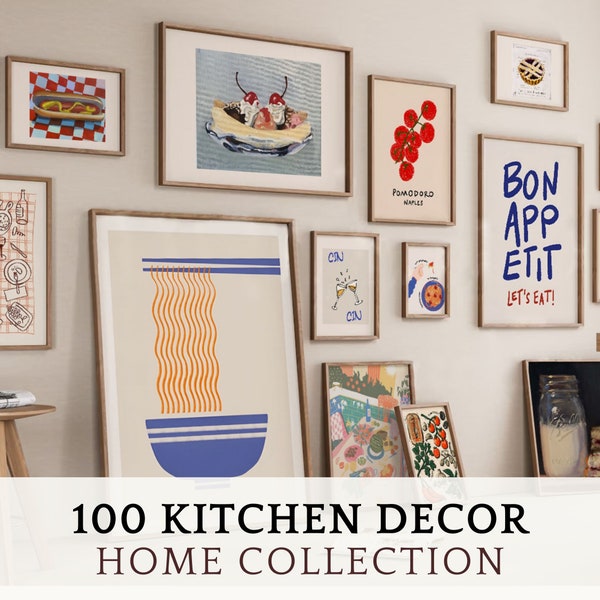 100 impresiones de arte de decoración de cocina, juego de pared de galería de arte de cocina fresca, impresiones de alimentos para arte de pared de comedor, impresiones de cocina lindas de moda