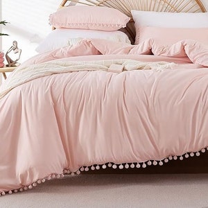 Pink Boho Duvet Cover Set For Bedroom Cotton Bedding Set Breathable Pompom Quilt Cover 8Corner tie For Closure Zipper Bohemian Duvet Cover