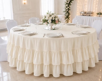 Ivory Ruffle Tablecloth Round Farmhouse Table Cloth Cottagecore Wedding Table Linen Rustic Dining Table Cover Shabby Chic Decor Tableware