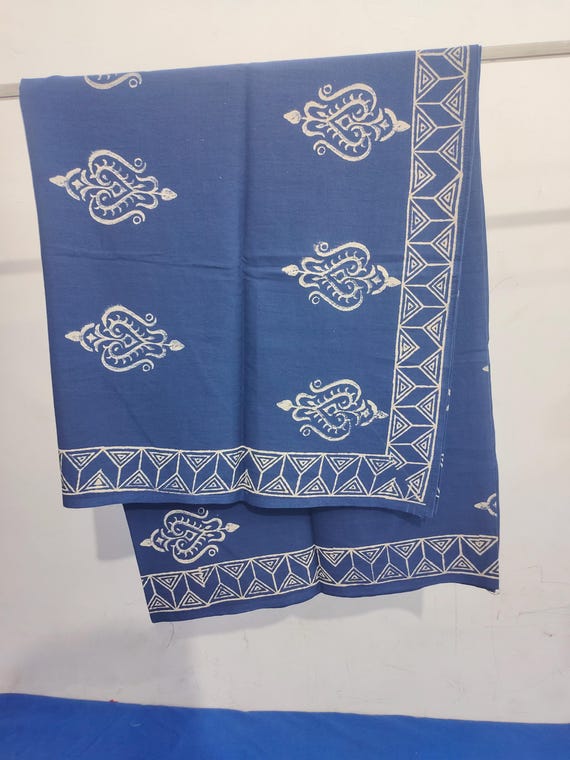 Resort Bikini Hand Block Print Cotton Sarong, Blue Boho Beach Cover-Up