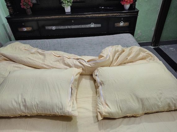 3 Pcs Cotton Duvet Cover, Cream Yellow Comforter with Pillow Shams: Minimalist Bedding,