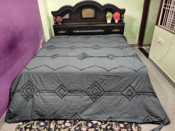 Dark Grey Tufted Cotton Duvet Cover Set: Geometric Minimalist Bedding