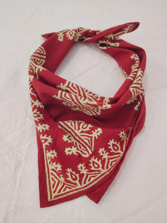 Hand Block Printed Organic Cotton Bandana: Boho Head Scarf, Face Cover