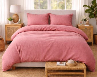 Pink Turkish Linen Duvet Cover Set | Luxury Plum Bedding Set Queen King | Soft Washed Comforter Cover | Minimalist Boho Bedroom Decor
