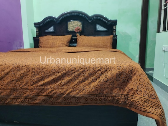 Hand Block Printed Cotton Duvet Cover Set: Bronze Boho Bedding