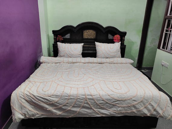 Peach Tufted Duvet Cover Set - Modern Boho Cotton Bedding