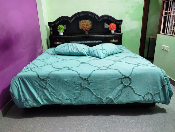 Aqua Blue Tufted Cotton Duvet Cover Set: Geometric Design