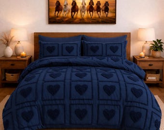 Juego de funda nórdica azul marino con corazón acolchado, juego de ropa de cama de chenilla, funda de edredón suave y acogedora con cremallera, decoración romántica para el dormitorio, tamaño Queen