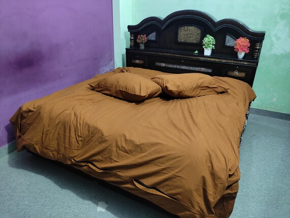 3 Pcs Rust Orange Cotton Duvet Cover Set: Soft Solid Color Bedding