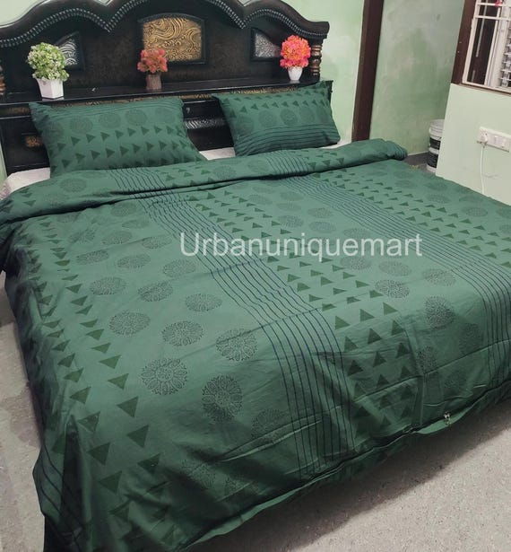 Deep Green Cotton Duvet Cover Set: Boho Block Print Bedding